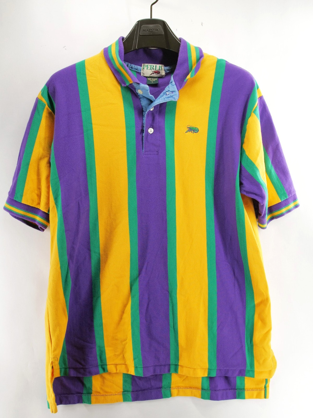 Vtg Perlis Shirt Men L Purple Yellow Mardi Gras Striped Crawfish Made in USA Y2K